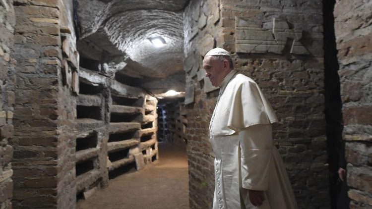 Pope Francis on a visit to the Catacomb of St. Priscila in 2019