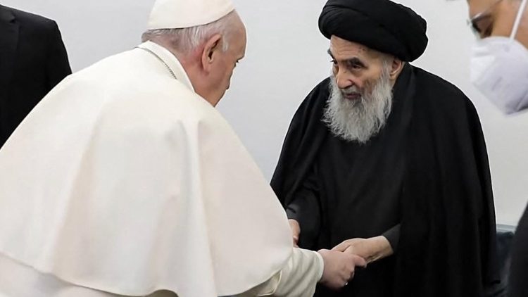 Le Pape et le grand ayatollah Al-Sistani le 6 mars 2021, à Nadjaf.