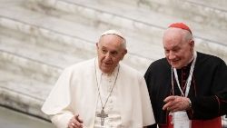 Pope Francis and Cardinal Marc Ouellet at the opening of Symposium on priesthood at the Vatican on 17 February 2022