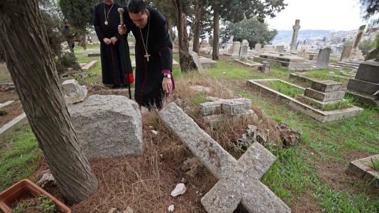 The gravestones vandalized in the Anglican-owned cemetery on Mount Zion, Jerusalem