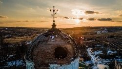 A damaged church in a village in Ukraine