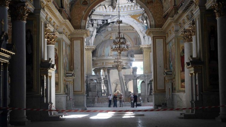 Experts examine the damaged Cathedral of the Transfiguration in Odessa