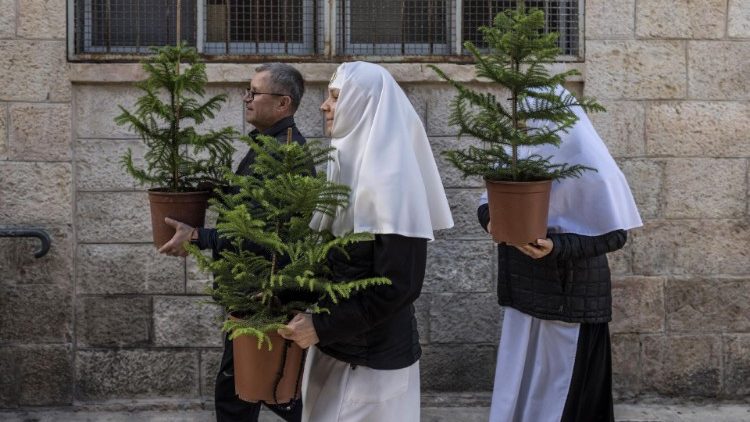 Ordensschwestern tragen Weihnachtsbäume der Jerusalemer Stadtverwaltung durch die Altstadt