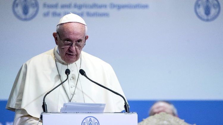FIle photo of Pope Francis visiting FAO's Headquarters in Rome in 2017 for World Food Day