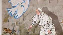 Streetart zeigt Papst Franziskus, der eine Friedenstaube malt