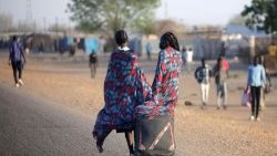Pessoas que fugiram da violência no Sudão puxam uma mala enquanto caminham entre o centro de trânsito de refugiados e a pequena cidade de Renk, no estado do Alto Nilo, Sudão do Sul, 11 de maio de 2023. EPA/AMEL PAIN