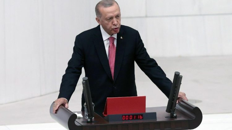 Turkish President Recep Tayyip Erdogan's during the swearing-in ceremony following his re-election at the end of May