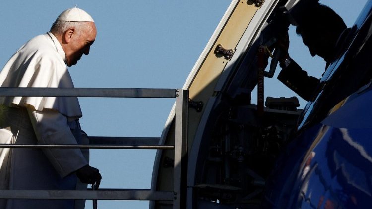 Pope Francis boards the papal plane ahead of his apostolic visit to Hungary, in Rome