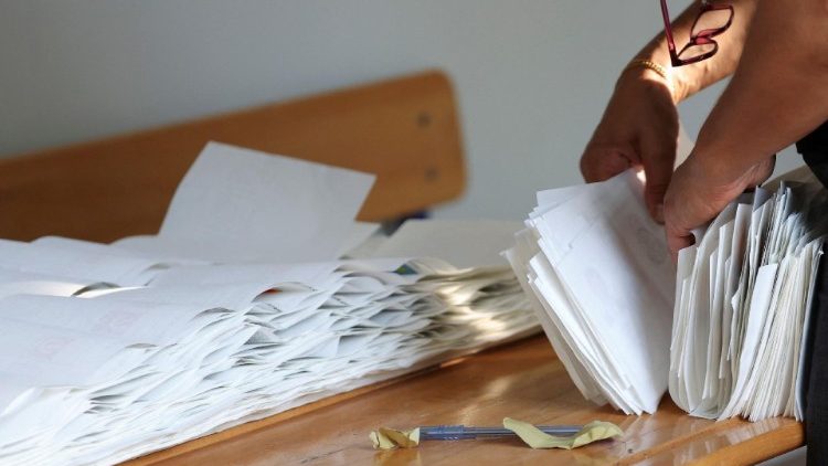 An election worker counts ballots in Hatay, southern Turkey