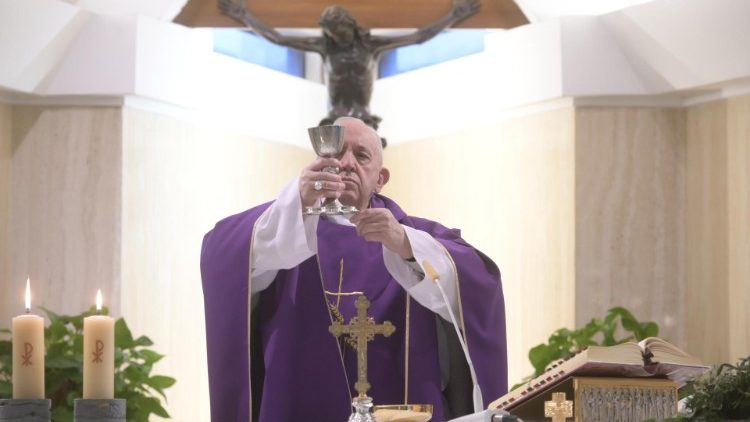 Pope Francis at Mass at Casa Santa Marta on April 8, 2020. 