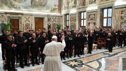 Members of the Pontifical Latin American College in Rome greet Pope Francis