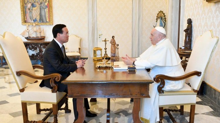Le président de la République socialiste du Vietnam, Vo Van Thuong, lors de sa visite officielle au Vatican, le 27 juillet 2023.