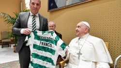Pope Francis receives a jersey signed by members of the Celtic Football Club