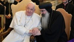 Pope Francis with Coptic Orthodox Bishop Kyrillos during the Audience for the Joint International Commission for Theological Dialogue  between the Catholic Church and the Oriental Orthodox Churches