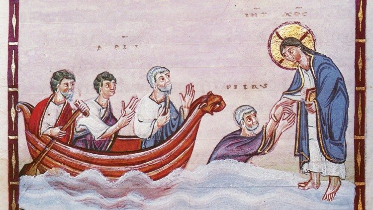 Jesus zieht Petrus aus dem Wasser: Miniatur aus dem Codex Egberti