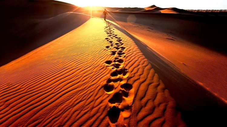 Footsteps in the sands of the desert, for the prophet Hosea, "the place of our first love," where God guides His people to freedom