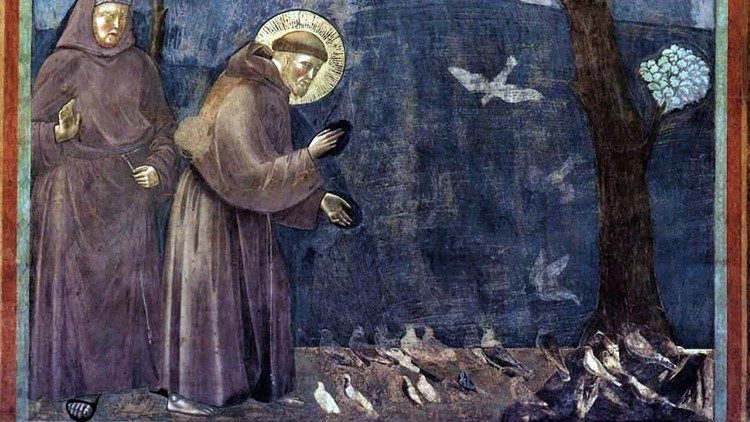 San Francisco de Asís predica a los pájaros. Fresco de Giotto (Basílica Superior de Asís)