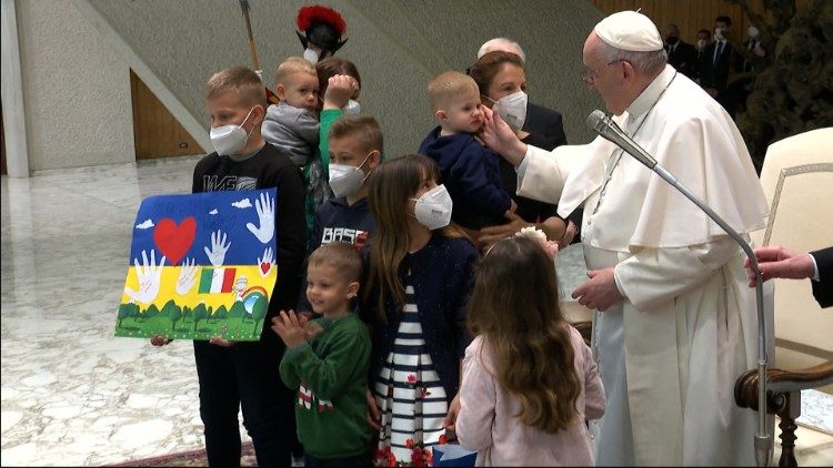 File photo: Pope Francis with a group of Ukrainian children shortly after Russia's full-scale invasion of Ukraine