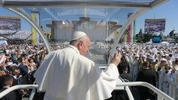 Pope Francis greeting faithful at Mass in Budapest, Hungary, in September 2021