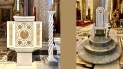 Il nuovo ambone (a sin.) e la nuova sede collocati nella Basilica di Santa Maria Maggiore