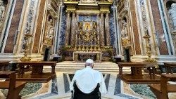 Pope Francis prays silently before the icon of Mary, Salus Populi Romani, ahead of his Apostolic Journey to Hungary
