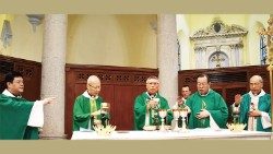 Mgr Li Shan avec les cardinaux Chow et Tong lors de la messe dans la cathédrale de Hong-Kong, le 15 novembre 2023 (Kung Kao Po). 