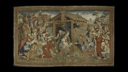Flemish Manufacture, Brussels: subjects and cartoons by the School of Raphael Sanzio, tapestry from the workshop of Van Aelst, Pieter. Tapestry from the "New School" series: Adoration of the Shepherds; warp in wool; weft in wool, silk, and gilded silver; 1524-1531; © Vatican Museums.