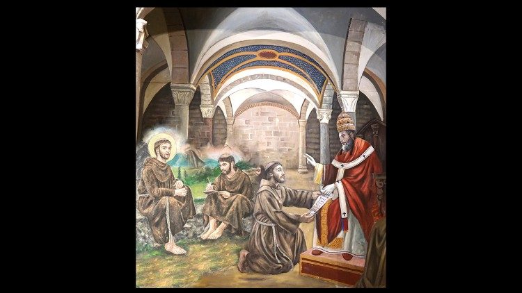 Esboço de Francesco Artese, Francisco escreve a Regra e a entrega a Honório III