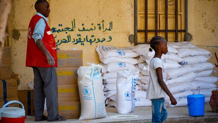 Several aid agencies are involved in distributing food, including the Red Crescent Society
