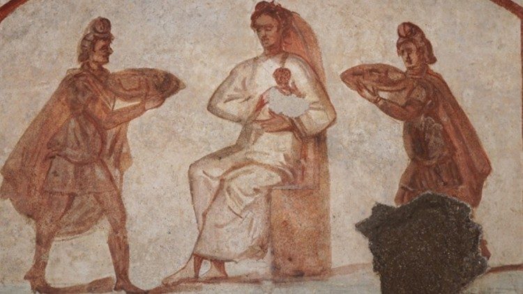 Madonna con due Magi, primi decenni del IV secolo. Roma, Catacombe dei Santi Pietro e  Marcellino 