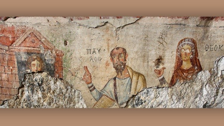 Figure 3 6th century fresco of Thecla at her window (left), Paul (center) and Thecla’s mother, Theokleia, (right), depicting the scene from the Acts of Thecla in which Theokleia complains that her daughter does nothing but sit at the window listening to Paul’spreaching. (Photo courtesy of Ephesus Foundation)