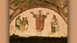 Fresco del siglo III en el cubículo de las Veladas de las Catacumbas de Priscila. Esta imagen sugiere que al igual que Grapte, la difunta fuera incardinada en el orden de las viudas