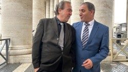 Rami Elhanan, left, and Bassam Aramim, right, after their meeting with the Pope