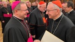 Kardinal Pietro Parolin in Georg Bätzing med ad limnina nemških škofov v Rimu 18. novembra 2022.