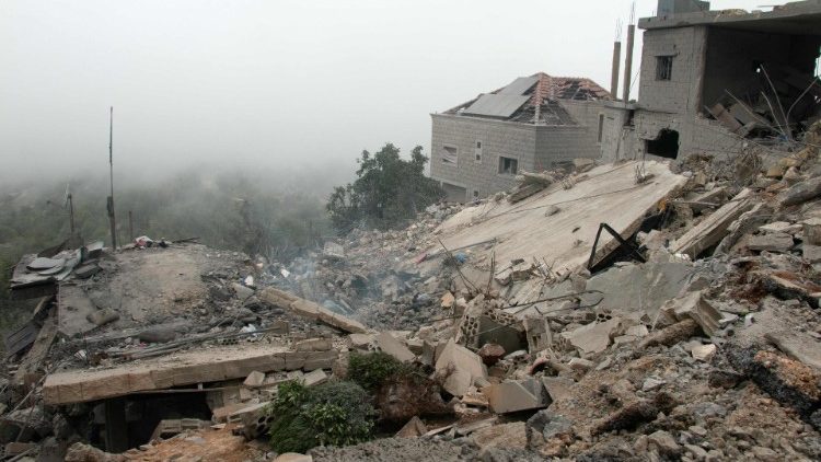 A house lies in ruins in the border village of Kfarshuba, southern Lebanon