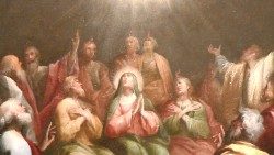Pentecoste, discesa dello Spirito Santo sugli apostoli e Madonna, lingue di fuoco, colomba