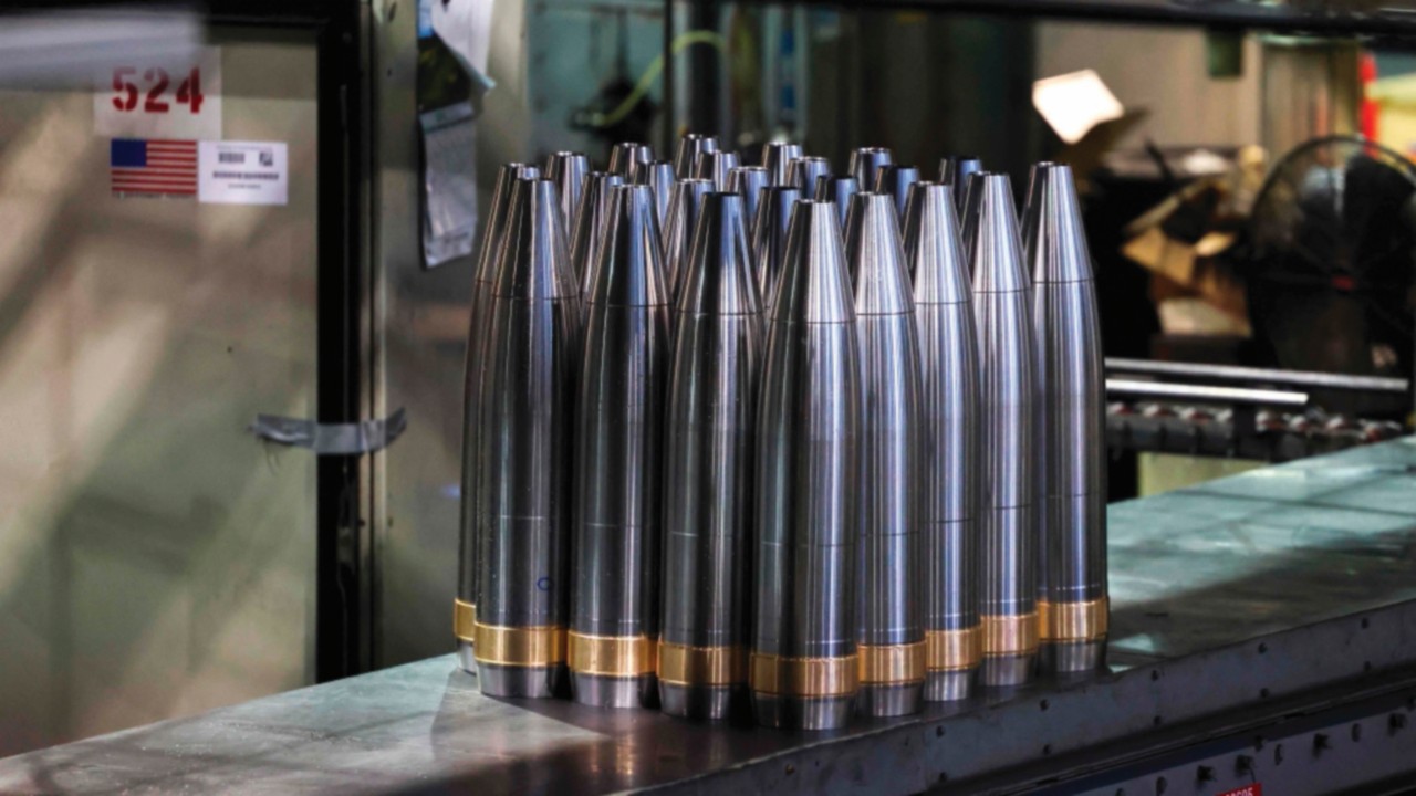 155 mm caliber shells are pictured after the manufacturing process at the Scranton Army Ammunition ...