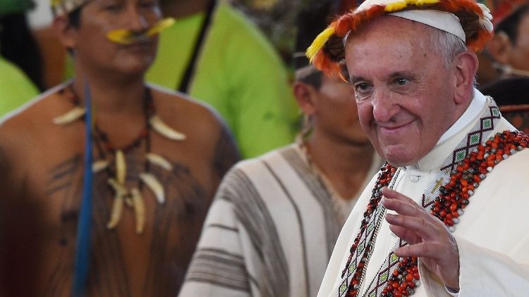 Pope Francis among indigenous people in Puerto Maldonado, Peru, Jan. 19, 2018. 