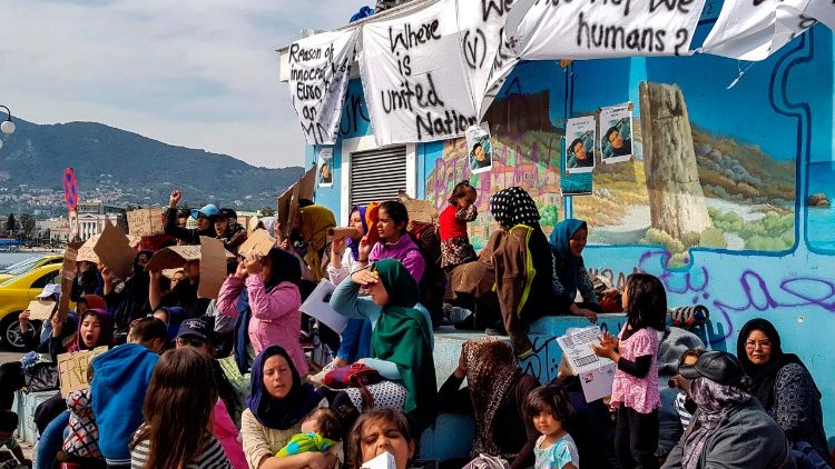 Migrants demanding to be released from the Greek island of Lesbos on April 19, 2018.