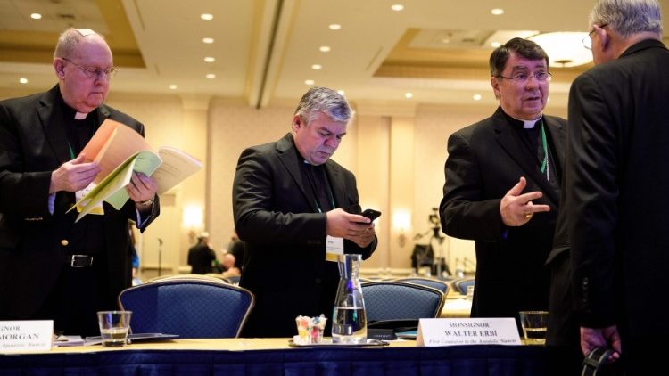 Archive photo: Archbishop Christophe Pierre (third from right), Apostolic Nuncio to the United States, speaks with US Bishops during an Assembly in 2018