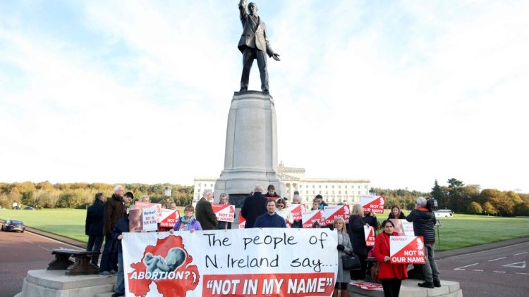 Anti-abortion campaigners gather with placards, Northern Ireland, October 2019