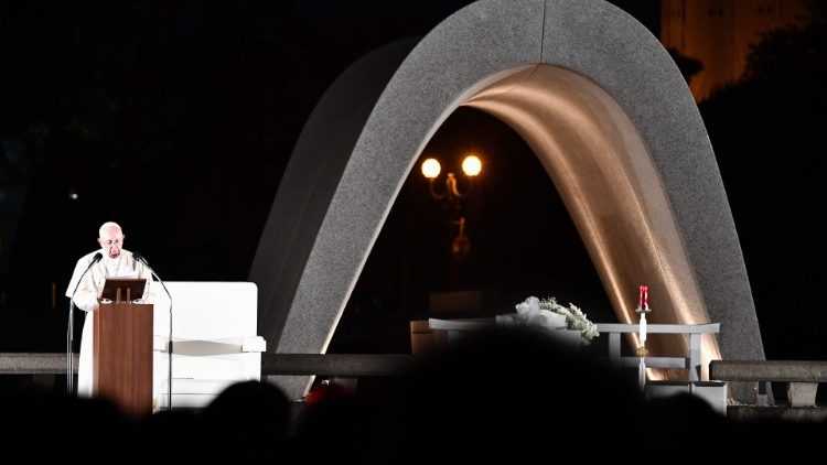 Pope Francis speaking at the Peace Memorial Park in Hiroshima during his visit to Japan in 2019