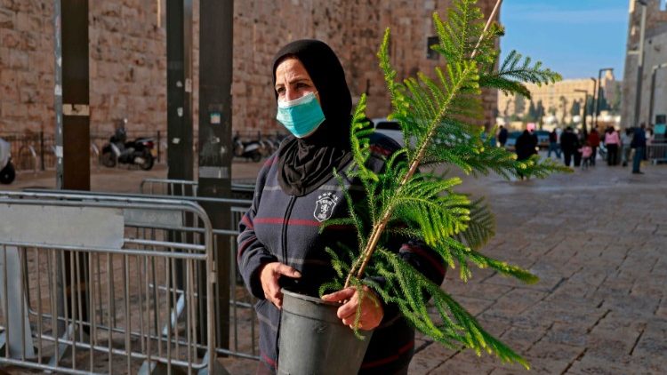 Palästinenserin mit Christbaum am Jaffa-Tor von Jerusalems Altstadt