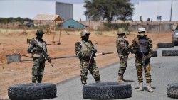 File picture of Nigerien soldiers patrolling outside Diffa airport in South East Niger.