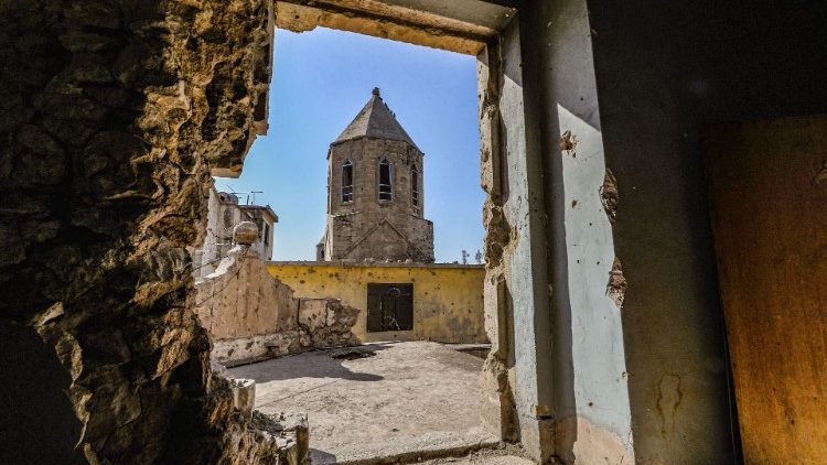 Une église catholique syriaque de Mossoul en ruines le 27 février 2021, après le passage de Daech en 2017. 