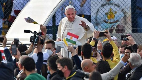 Pope Francis at the Franso Hariri stadium in Erbil, where he celebrated Holy Mass with Iraqi faithful on Sunday