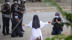 File photo taken on 8 March 2021 of a Burmese Catholic nun who pleaded with security forces not to harm protesters amid a crackdown on demonstrations against the military 