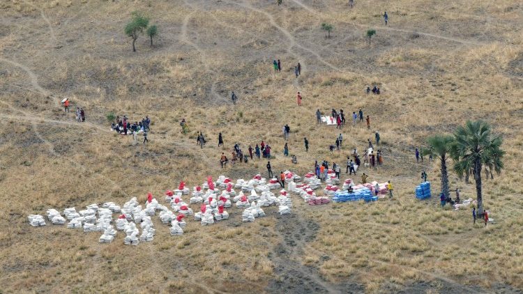 Aerial photo of a food aid drop zone near a village in South Sudan where the WFP carried out a food drop of grain.