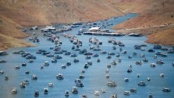 Le lac d'Oroville, lac de barrage des États-Unis situé en Californie, en plein épisode de sécheresse, le 15 mai 2021. 