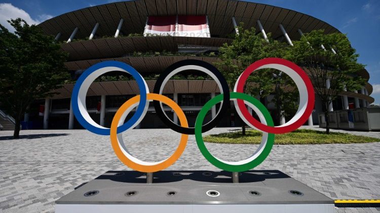 A view of the Olympic Rings at the National Stadium in Tokyo